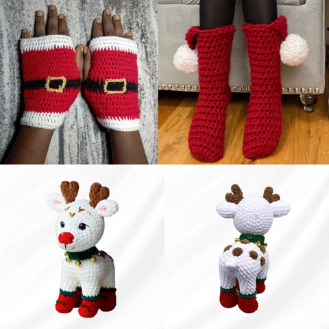 Holiday Crochet Trio: Christmas Stocking, Santa Gloves & Reindeer Plushie